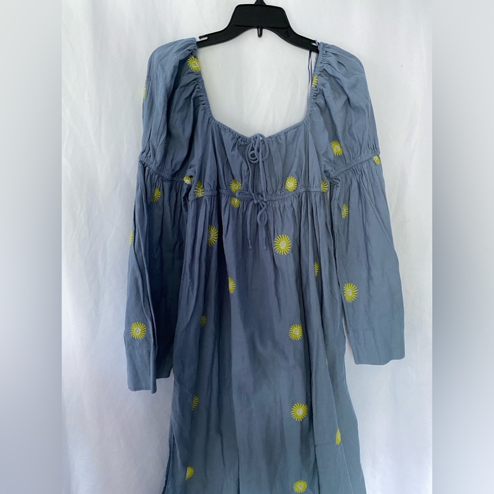 Free People Emory Embroidered Blue Long Bell Sleeve Maxi Dress Small